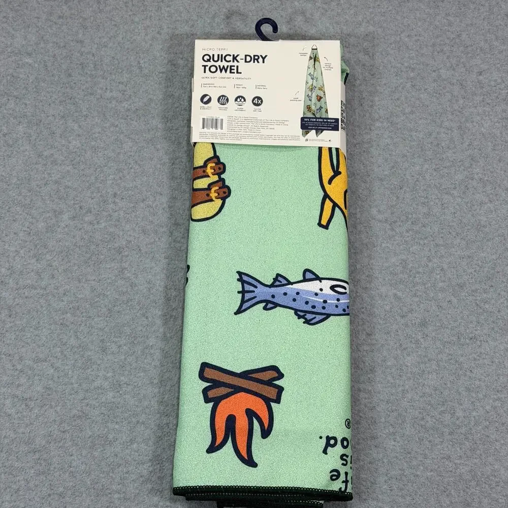 Life is Good Quick Dry Towel Micro Terry Beach Camp Travel Fish 72x30 Green NWT